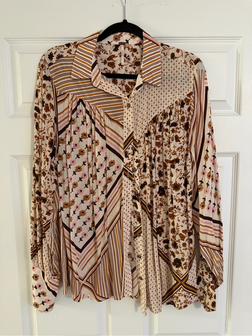 Free People Patchwork Floral and Stripe Button-Down Shirt in Cream, Brown, Pink